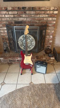 Squire Strat By Fender (Affinity Series) ⭐️ Candy Apple Red. Fender Frontman amplifier included! Back in BLACK Beauty” Strat also pictured.