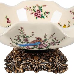 Flower and Bird Design Ceramic Decorative Bowl Fruit Tray Ice Cracked Porcelain Fruit Holder Centerpiece Candy Bowl Key Bowl for Kitchen Counter Count