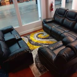 Black Friday sale now. Santiago, black leather reclining sofa and loveseat set only $1299. Easy finance option. Same day delivery.