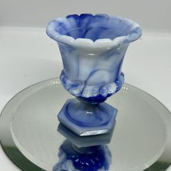 VTG AKRO AGATE #764 BLUE SLAG GLASS URN TOOTHPICK MATCH HOLDER MINI VASE 3” Tall