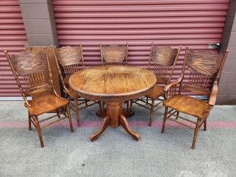 Antique Oak Circle Pedestal Table & 5 Pressed Back Chairs Solid Wood