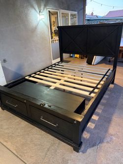 Black Wood Bed Frame with Storage Drawers