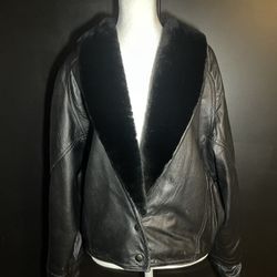 Vtg John Carlisle San Francisco Black Leather Jacket Shearling Collar 80s 90s M.