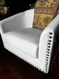 Pair of White Faux Leather Barrel Accent Chairs with Nailhead Trim