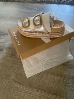 Platform Slide Sandals with Gold Buckles