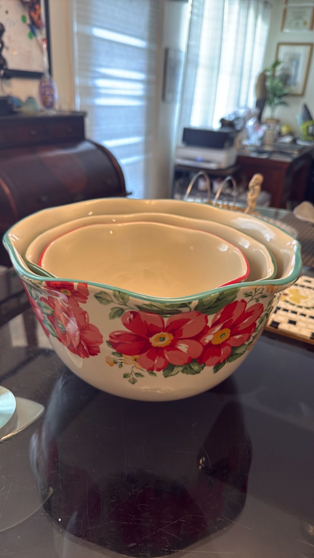 A set of three nesting ceramic mixing bowls by The Pioneer Woman.