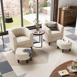 Set of 2 Beige Velvet Barrel Armchair with Ottoman