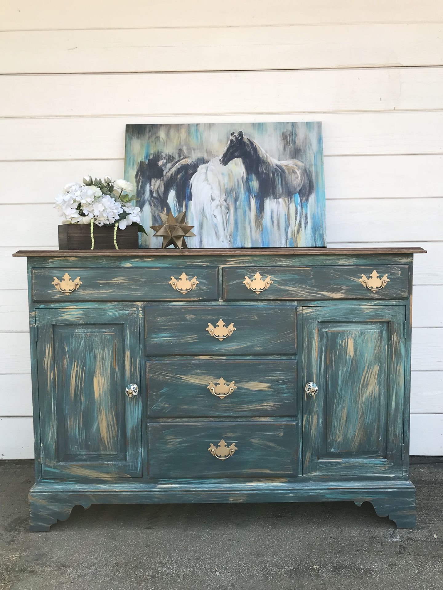 Buffet Sideboard or Media Console Solid Maple Teal Turquoise & Gold
