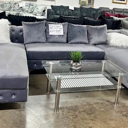 NEW GRAY VELVET LUXURY SECTIONAL SOFA AND FREE DELIVERY
