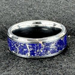Lapis Silver Inlay Ring, Lapis Stone Inlay Tungsten Ring - 8mm size 9 3/4
