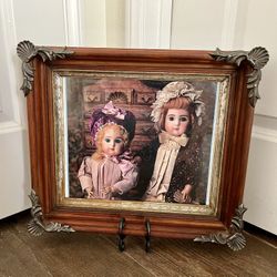 Vintage Photo of Two Antique French Dolls In Wooden with Metal Corner Frame