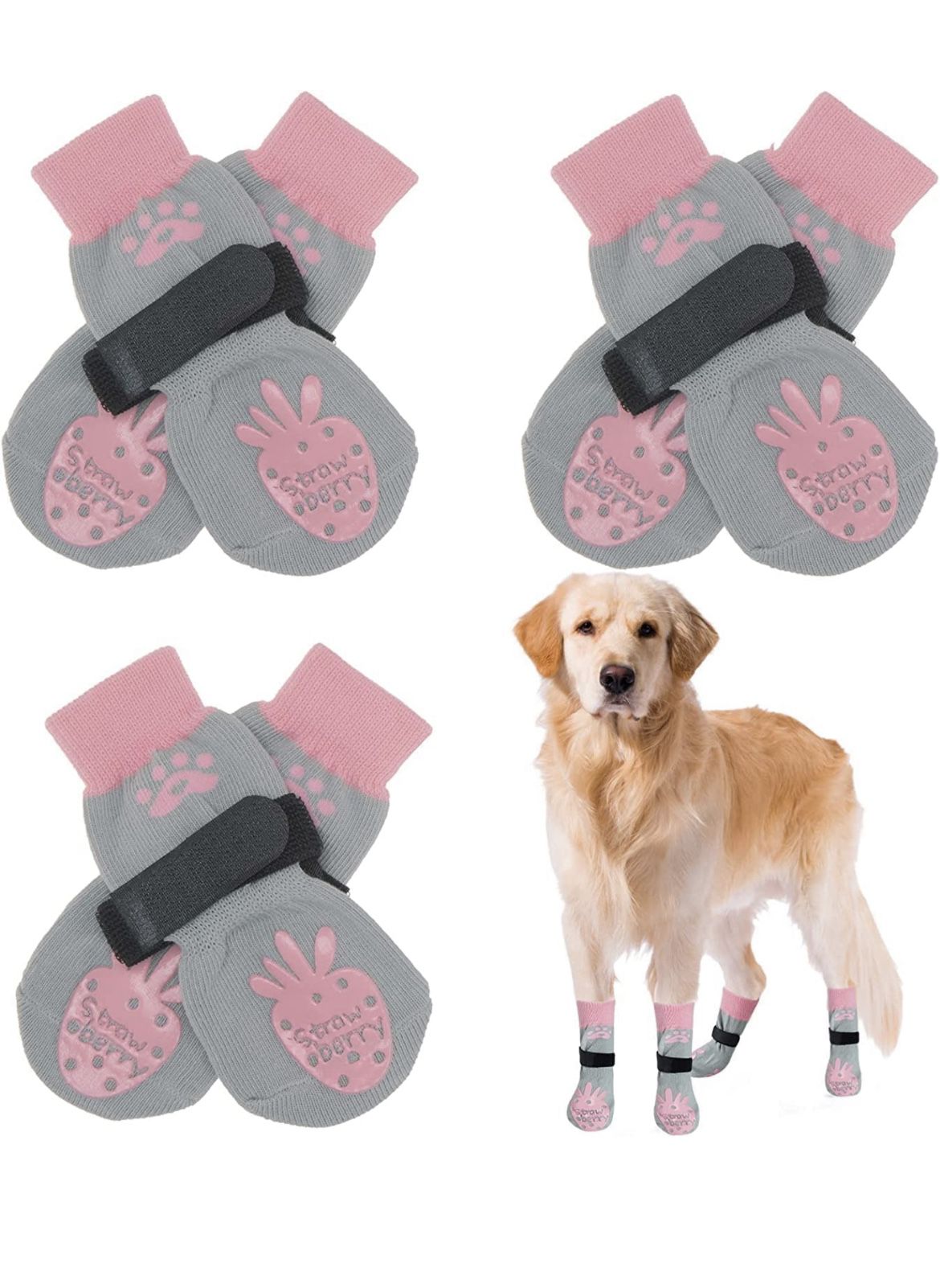 BEAUTYZOO Anti-Slip Dog Socks with Grips Traction Control for Dogs, Non Skid Indoor Double Side Pet Paw Protector for Hardwood Floor Wear (Strawberry,