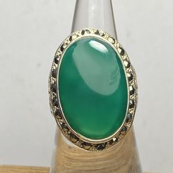 Vintage Sterling Jade Marquesite Ring Signed Sz 6.5