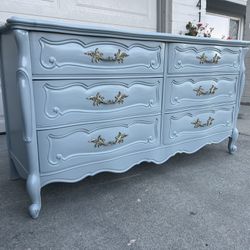 Grey 6 drawer dresser with gold pulls French Provincial