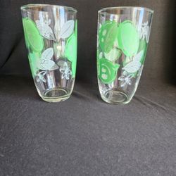 2 Retro Libbey Glasses Lime Green Leaf Tumblers 70's