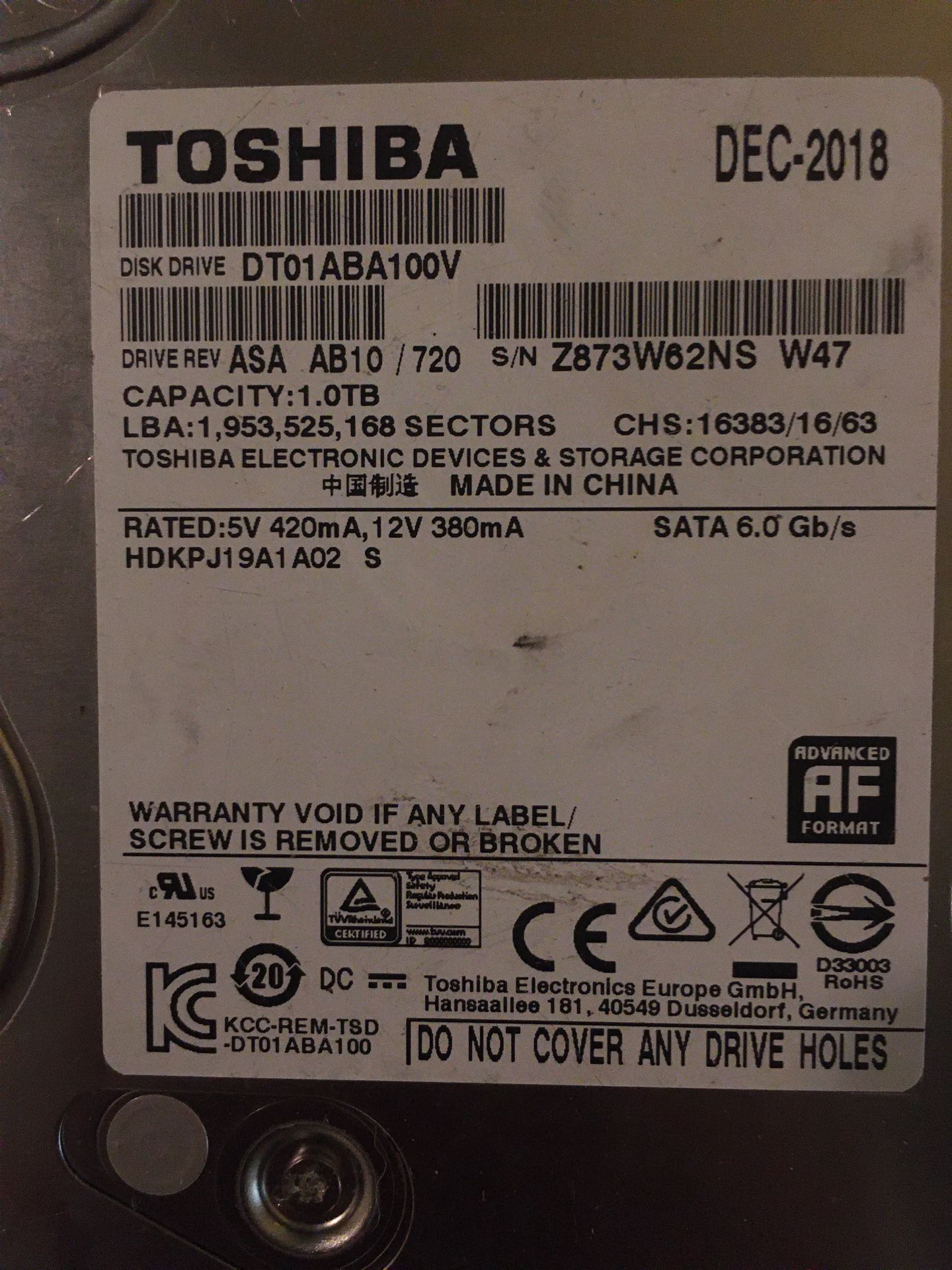 Part No: DT01ABA100 - Toshiba 1TB 5700RPM SATA 6GB/s 32MB Cache 3.5-inch Hard Disk Drive