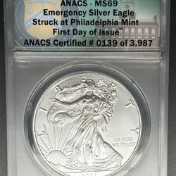 2021 (P) SILVER EAGLE ANACS MS69 EMERGENCY ISSUE STRUCK AT PHILADELPHIA MINT