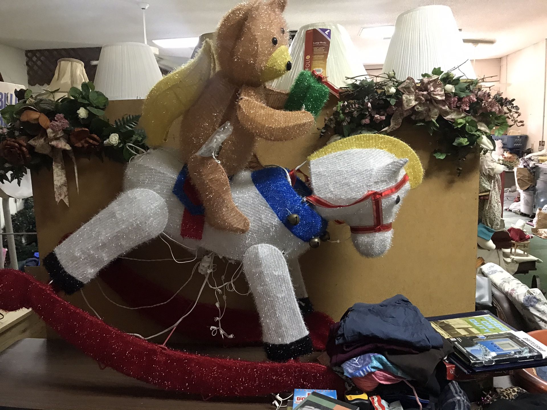 Lighted rocking horse with teddy bear