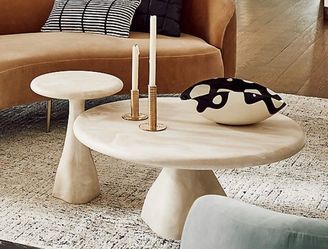 CB2 Espira Round Cream Marbled Resin Table and Side Table Set