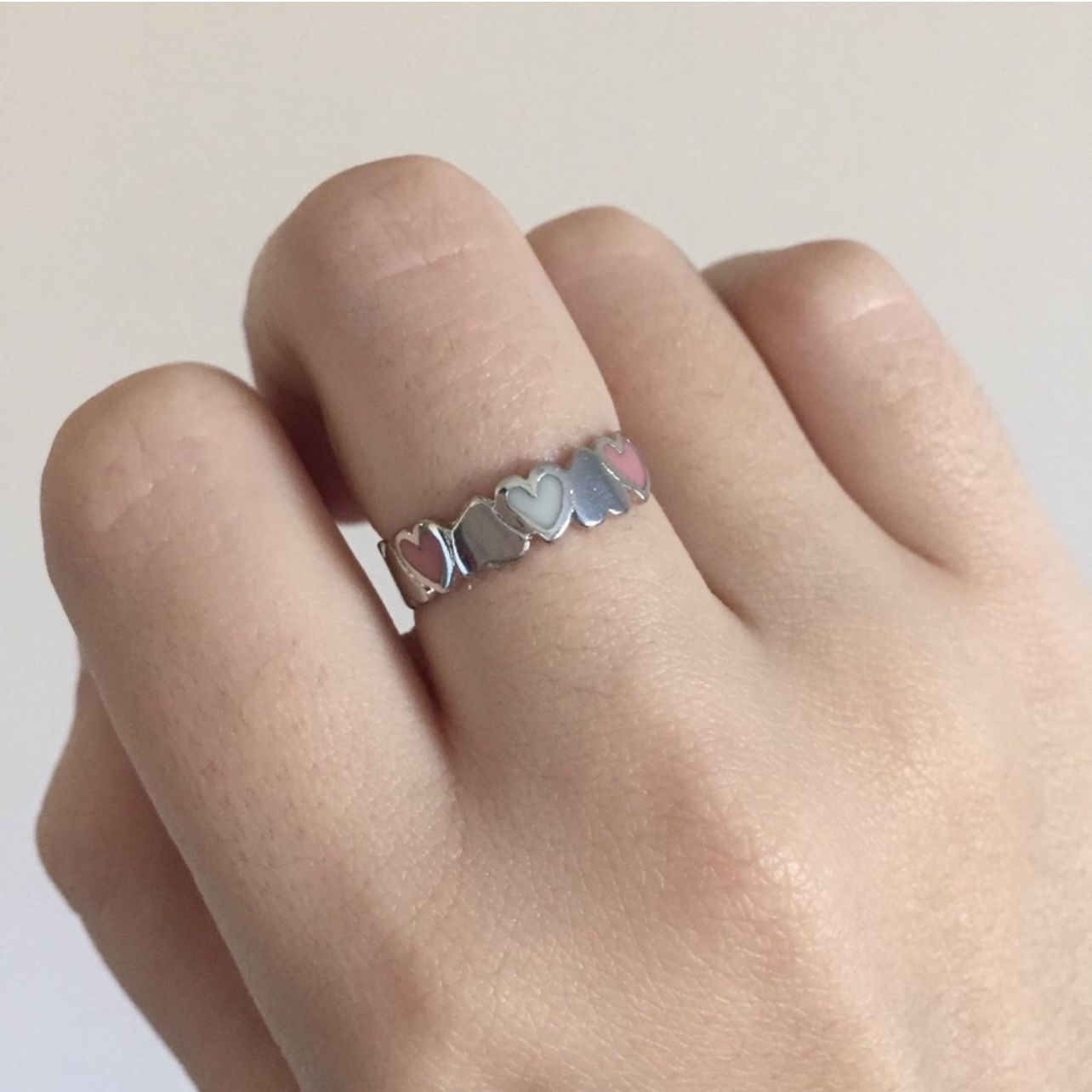 Vintage Dainty Pink White Heart Wrap Around Chain Band Ring
