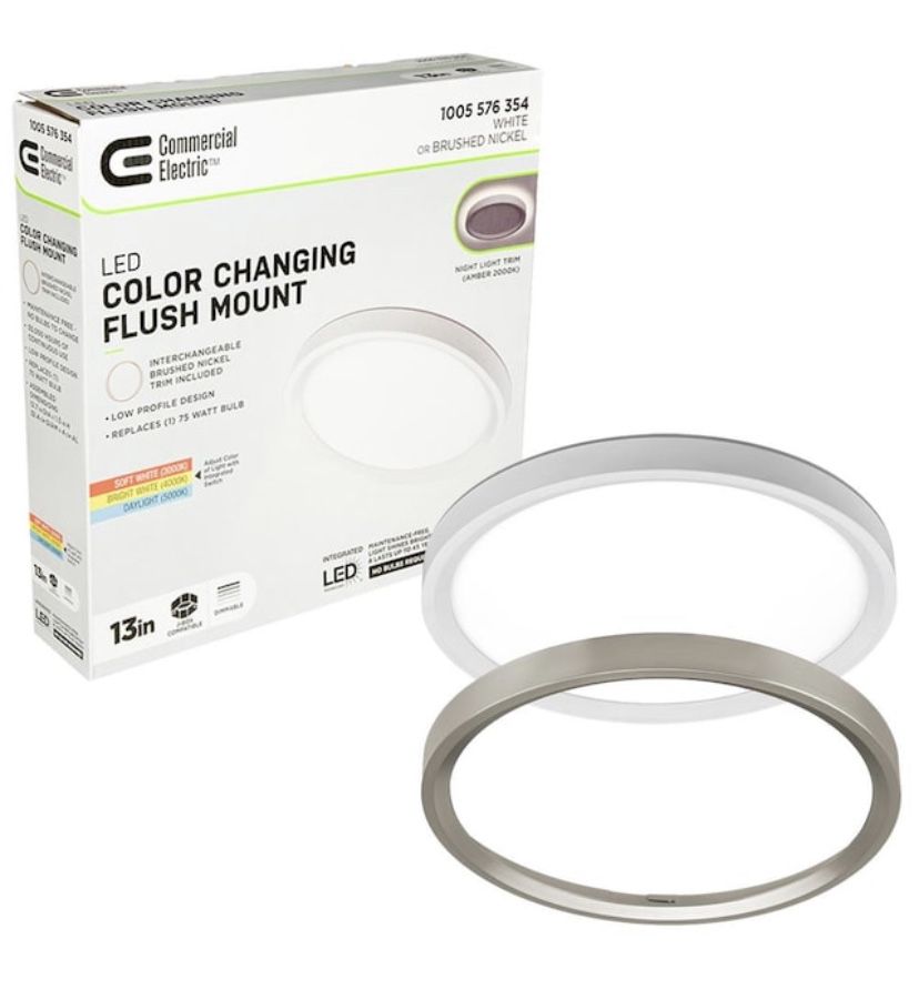 Commercial Electric 13 inch Color Selectable LED Flush Mount w/ Night Light Feature Optional White and Brushed Nickel Trim Rings