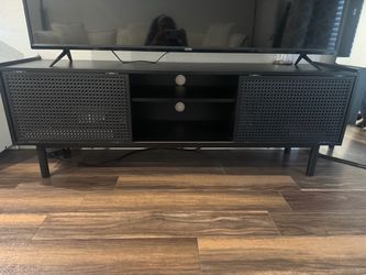 Black TV Stand with Rattan Doors