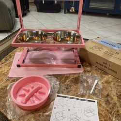 New Adjustable  Elevated Dog Bowl Stand with Two 1700ml Stainless Steel Food Bowls, Slow Feeder Bowl  