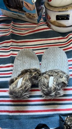 P.J. Salvage Gray Knit Faux Fur Slippers