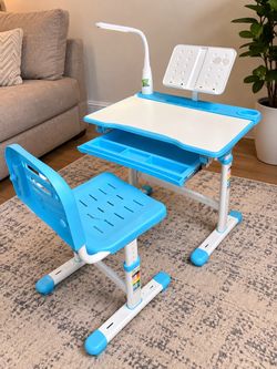 Kids Adjustable Study Desk & Chair Set with LED Lamp, Book Stand & Storage – Blue