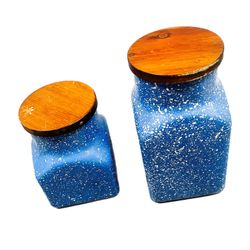 Set of 2 Blue Speckled Canisters with Wood Lids