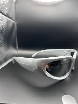 Silver Gray Wraparound Oval Sunglasses with Dark Lenses