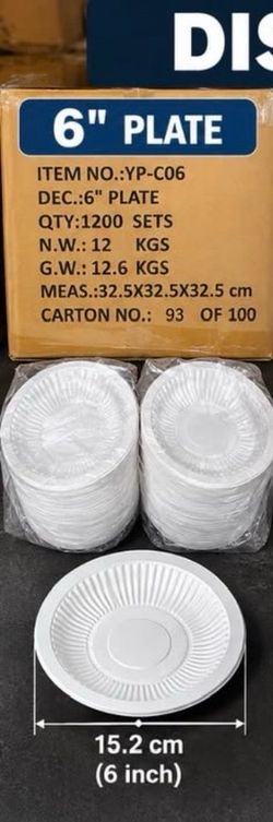 1200 Pcs 6 Inch Disposable Plastic White Plates - Full Carton