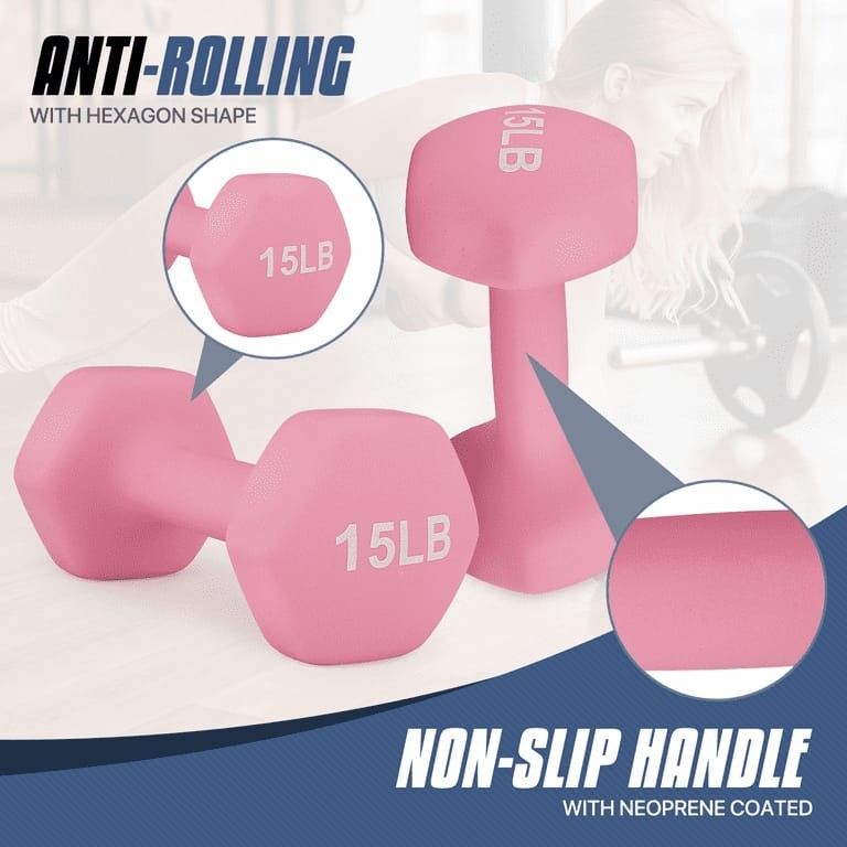 MADOG Set of 2 15 lb Neoprene Coated Workout Dumbbells, Non-Slip with Soft Grip, Hexagon Shaped Hand Weights, Pink