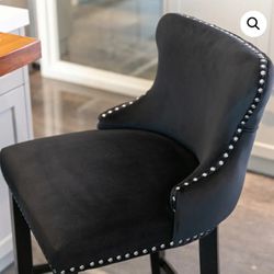 Single/Double Bar Chair -- Contemporary Velvet Upholstered Wing-Back Barstools with Button Tufted Decoration and Wooden Legs, and Chrome Nailhead Trim