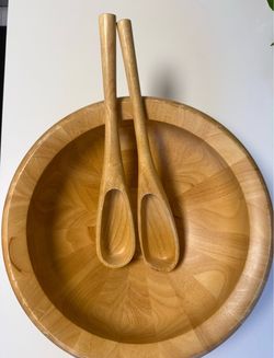 Dansk Wooden Salad Bowl with Serving Spoons