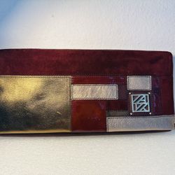 NWOT Anne Klein Genuine  Leather Plum Dark Purple Gold Leather Clutch Bag Purse