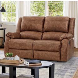 Rolled Arm Leather Upholstered 2 Seater Push Back Loveseat