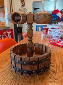 Vintage MCM rustic wooden nut cracker wishing well bowl, walnut shaped nut cracker mid century, 1960s