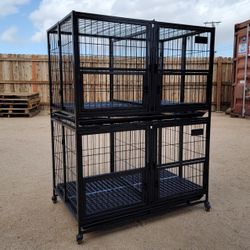 New! 43” Large Heavy Duty 2-Tier Dog Cage , With Removable Center Divider , Foldable No Tools Required 