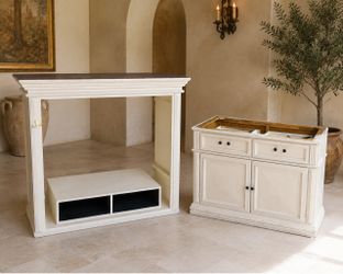 2-Piece Like NEW WayFair 2-Piece Cream Furniture Project Set – Vanity Base & Entertainment Center