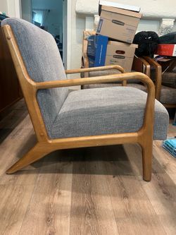 Blue grey lounge chair, generous size, mid century modern style