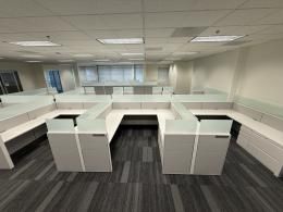 Haworth Compose 8x8x54 Glass Cubicles with a bbf pedestal and a lateral file cabinet.
