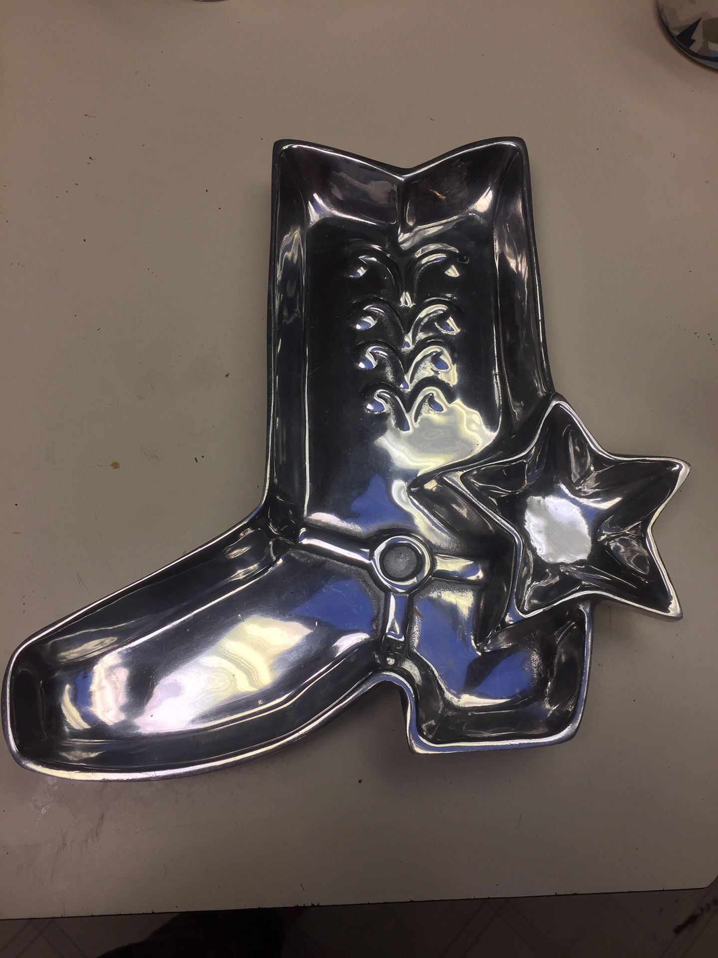 Pewter cowboy boot dish