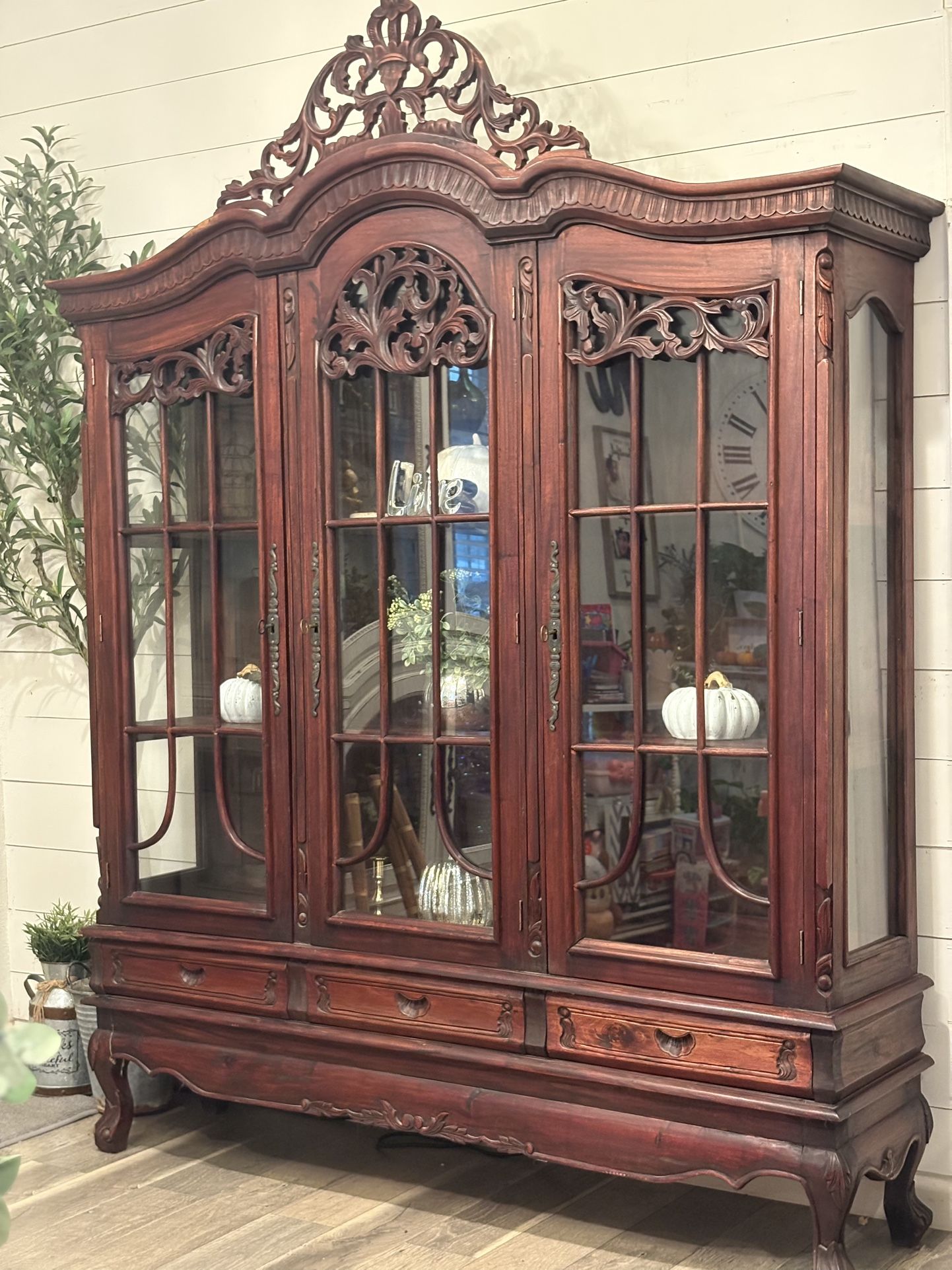 Gorgeous Antique Solid Mahogany Wood China Cabinet / Hutch  66in. W x 14in. D x 85in. H
