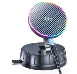 15W MagSafe Car Charger Mount, Magnetic Wireless Car Phone Holder with Dual Input Port, Vacuum Suction & Nano Adhesive Base, 360° Rotation Stable Car 