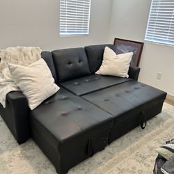 Faux Black Leather Pull Out Couch