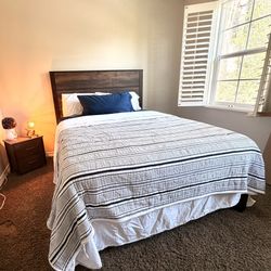 Queen, bed and nightstand