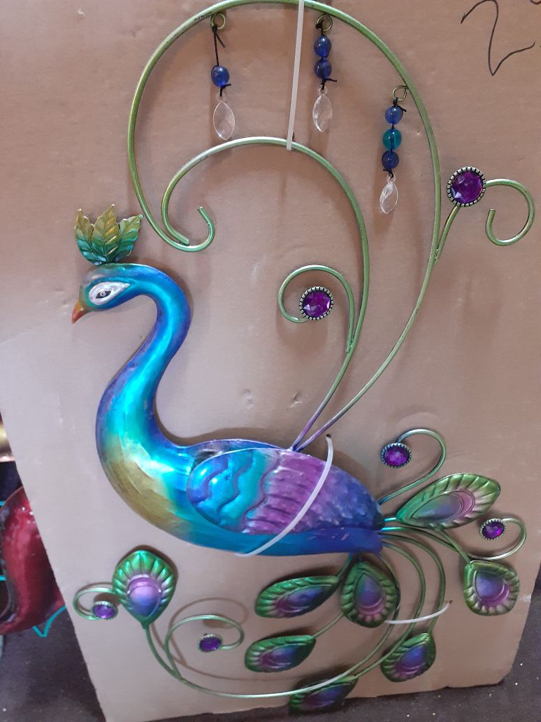 Colorful metal embellished peacock wall art