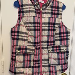 Womens Plaid Print Zip Up Puffer Vest Gold Buttons Size M