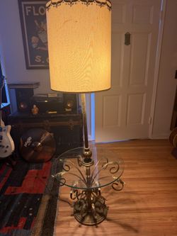 Vintage Hollywood Regency Gold Metal Floor Lamp with Glass Table